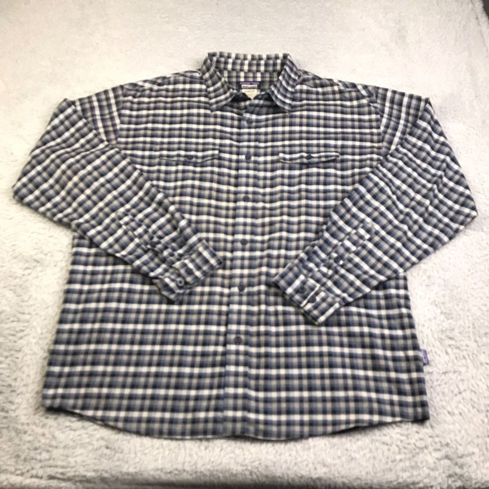 Patagonia Shirt Mens XL Blue/Grey Check Organic Cotton Stretch Long Sleeve